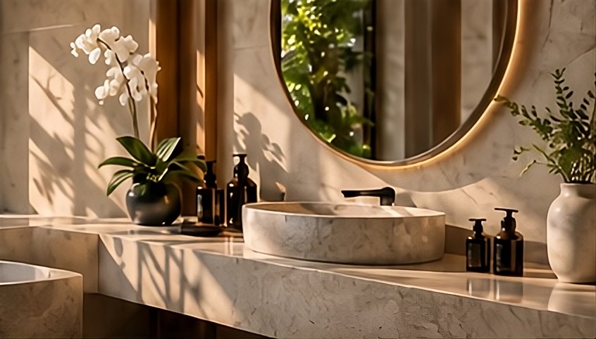 Kamar mandi elegan dengan cermin bundar, anggrek, dan perlengkapan hotel